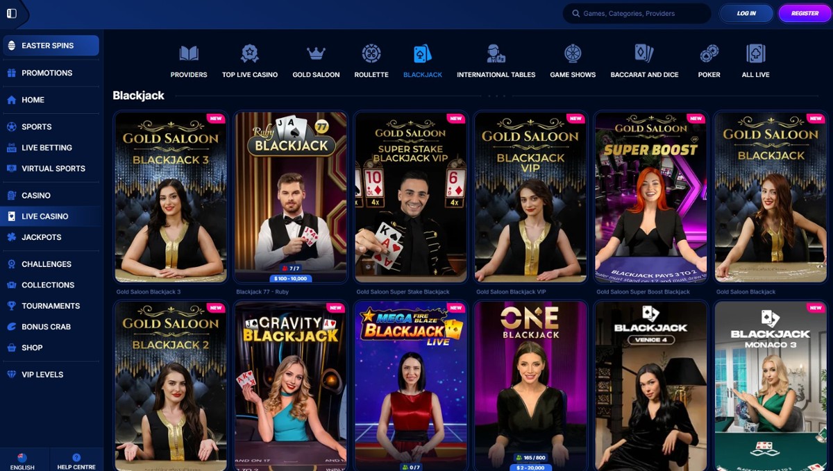 Boomerang-Bet Live blackjack lobby showing top games including Golden Saloon and ONE Blackjack.